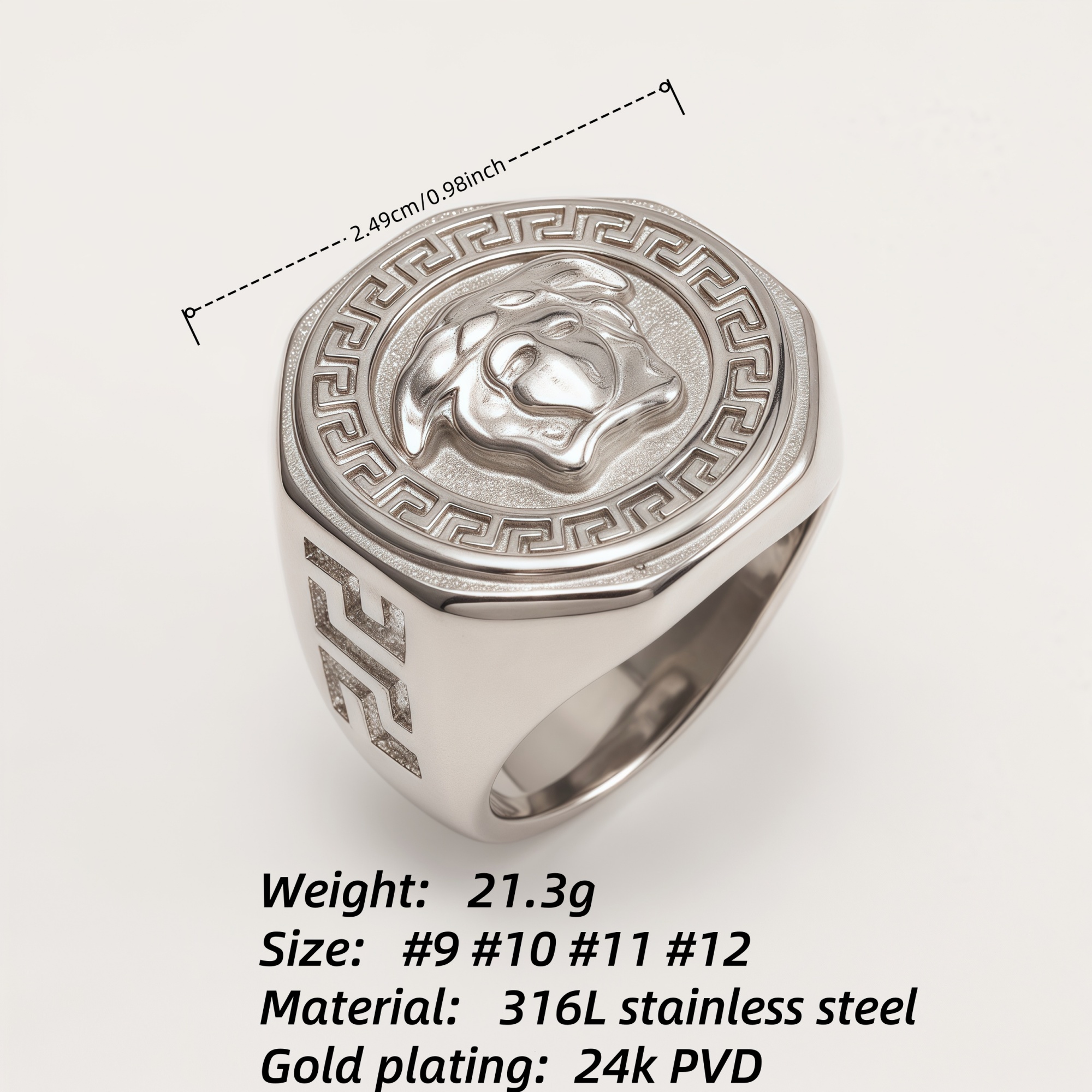 Versace - style Medusa Silver Ring, Classic Greek Key Relief Band | DZ249-JinBaoJewerly