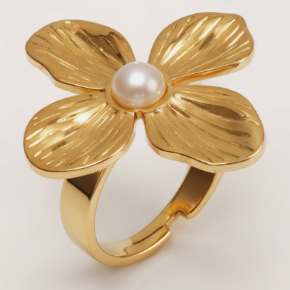 Gold Flower Pearl Ring, Sweet - style Fashion Band | G005475-JinBaoJewerly
