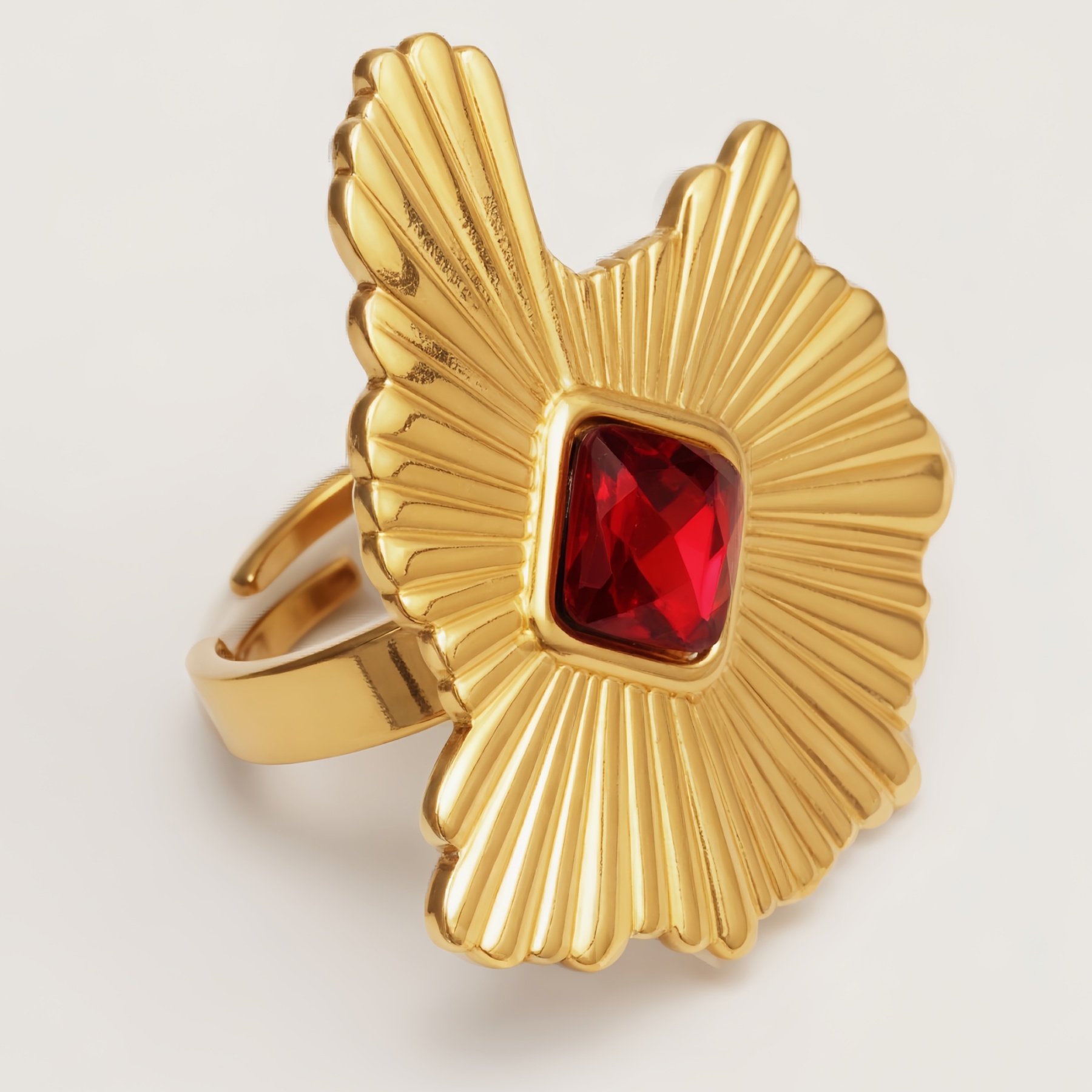 Gold Fan - shaped Ruby - inlaid Open Ring, Stylish and Luxurious Trendy Band | G006426-JinBaoJewerly