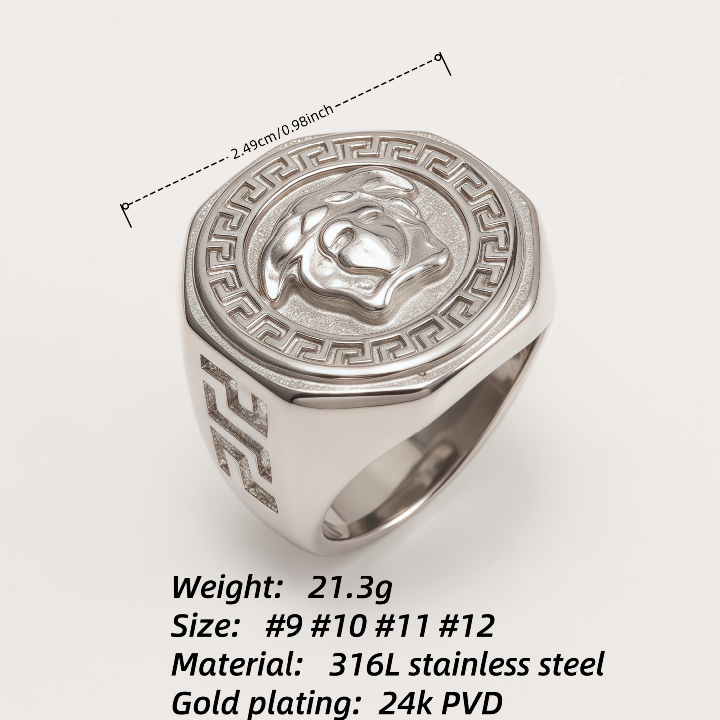 Versace - style Medusa Silver Ring, Classic Greek Key Relief Band | DZ249-JinBaoJewerly