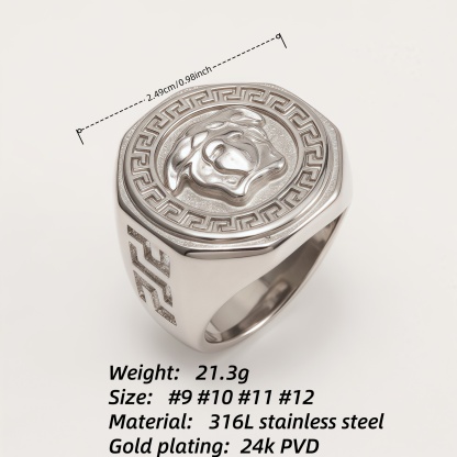 Versace - style Medusa Silver Ring, Classic Greek Key Relief Band | DZ249-JinBaoJewerly
