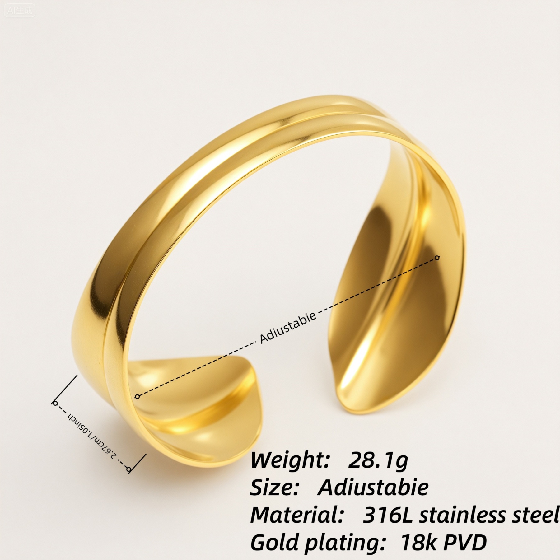 Minimalist 18K Gold Plated 316L Stainless Steel Open Cuff Bracelet, Waterproof | DZE0833-JinBaoJewerly