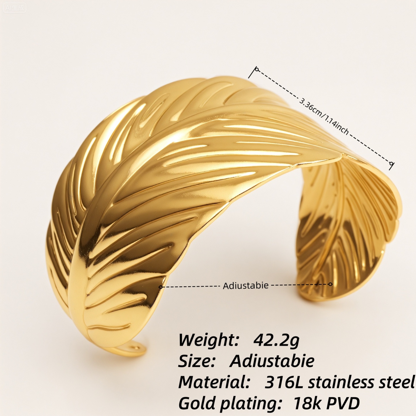 Chic Feather Cuff Bracelet 18K Gold Plated 316L Steel Waterproof | DZE0834-JinBaoJewerly