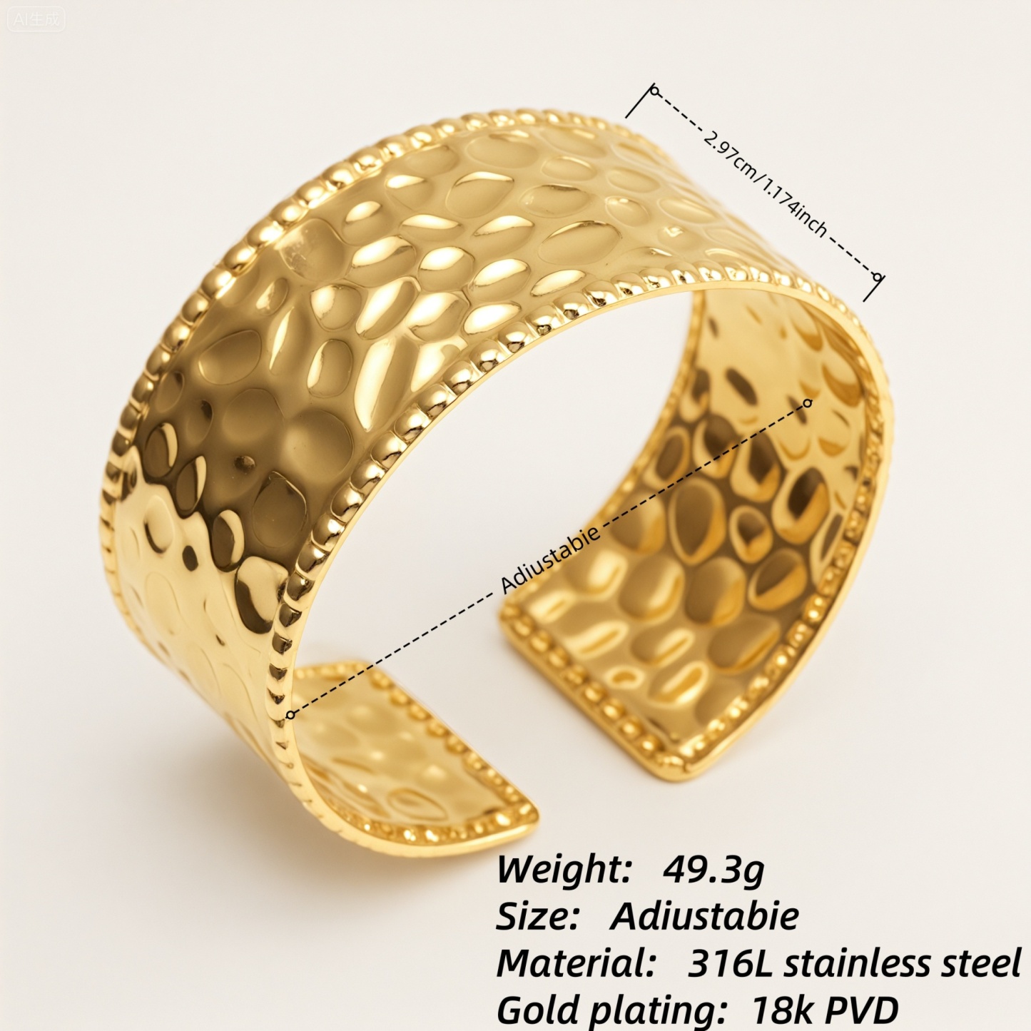 Chic Hammered Cuff Bracelet 18K Gold Plated 316L Steel Waterproof | DZE0836-JinBaoJewerly