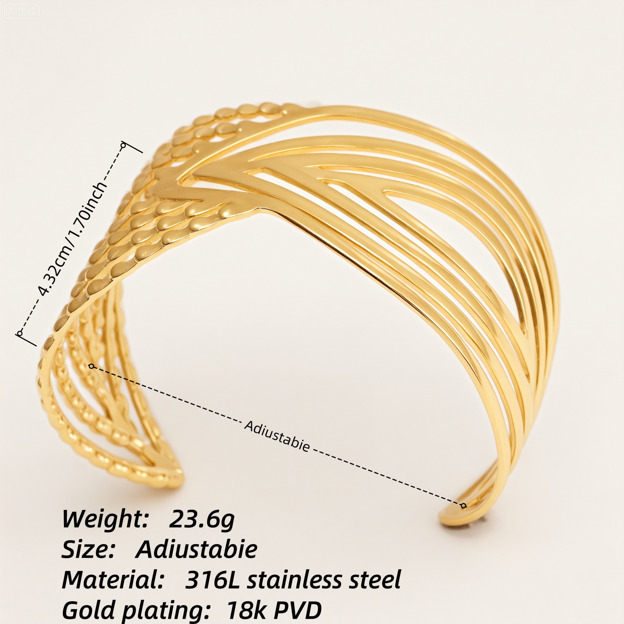 Exquisite 18K Gold Plated 316L Stainless Steel Hollow Cuff Bracelet Waterproof | DZE0837-JinBaoJewerly
