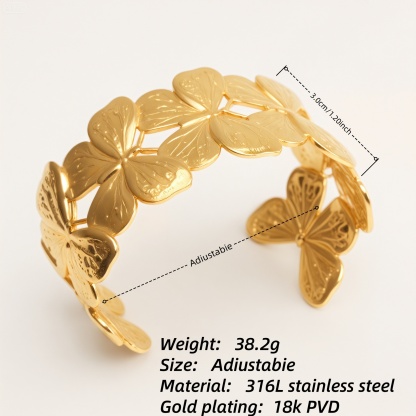 Waterproof Romantic Butterfly Flower Cuff Bracelet 18K Gold 316L Ste | DZE0838-JinBaoJewerly