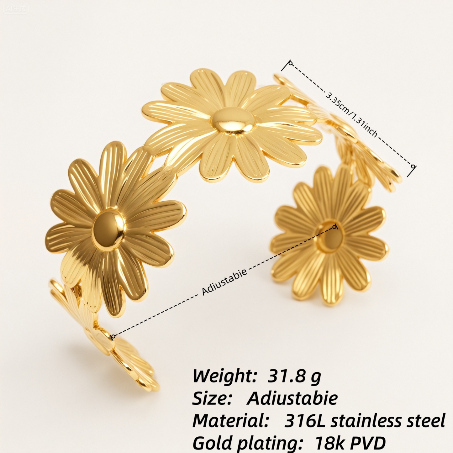 Crafted Daisy Cuff Bracelet 18K Gold 316L Steel Waterproof | DZE0840-JinBaoJewerly