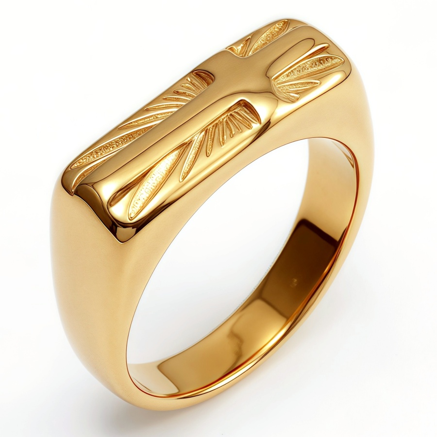 Gold Stainless Steel Women's Carved Arrow & Feather Signet Ring | G003350