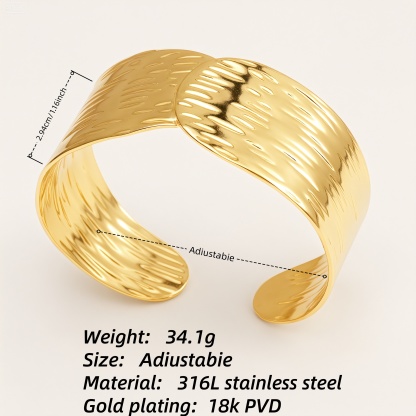 Trendy 18K Gold Plated 316L Steel Textured Cuff Bracelet Waterproof | DZE0843-JinBaoJewerly