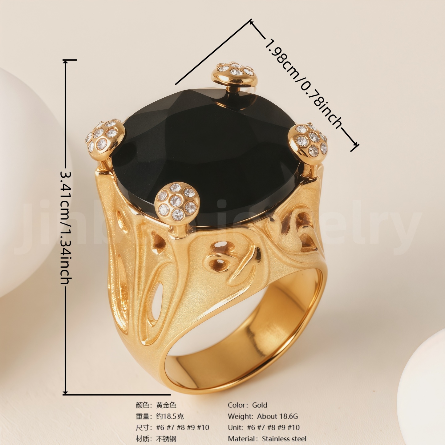 24K Gold-Plating Stainless Steel Luxury Red & Black Crystal Statement Women's Waterproof Ring丨K003078-JinBaoJewerly
