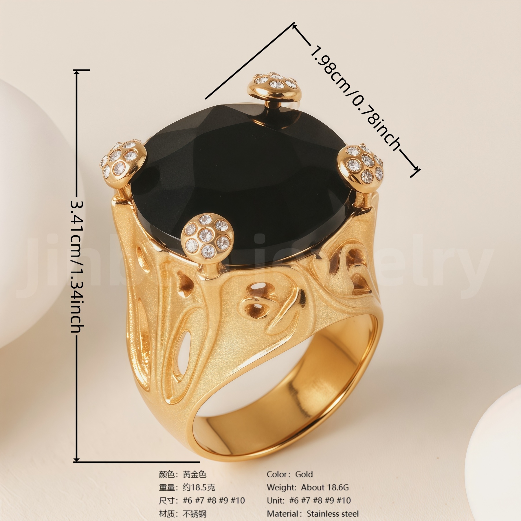 24K Gold-Plating Stainless Steel Luxury Red & Black Crystal Statement Women's Waterproof Ring丨K003078-JinBaoJewerly