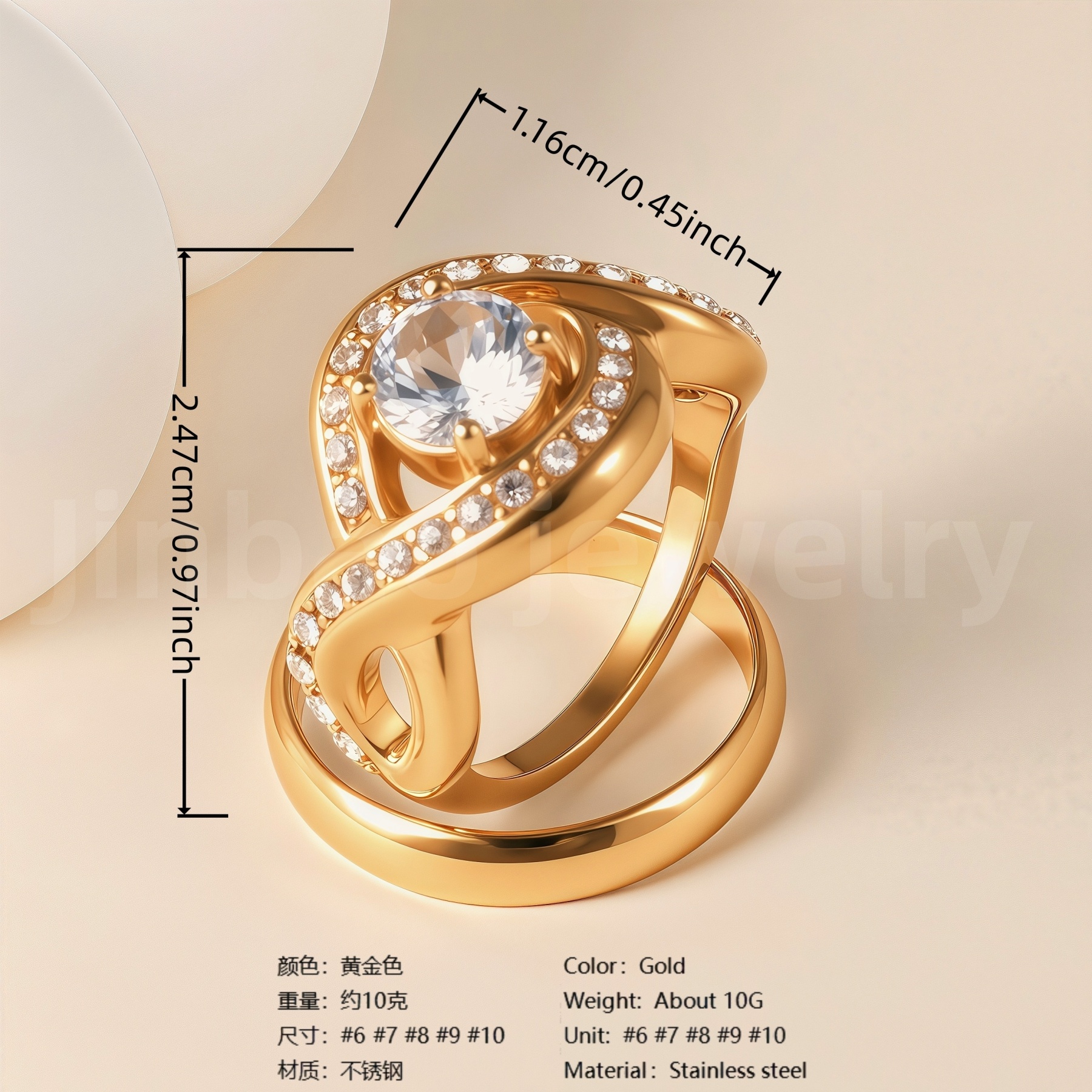 24K Gold-Plating Stainless Steel Luxury Crystal Wedding Waterproof Ring-JinBaoJewerly