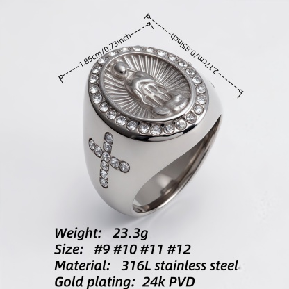 Stylish Men's Gold - and - Silver Stainless Steel Ring with Diamond - set Virgin Mary Image | G00613-JinBaoJewerly