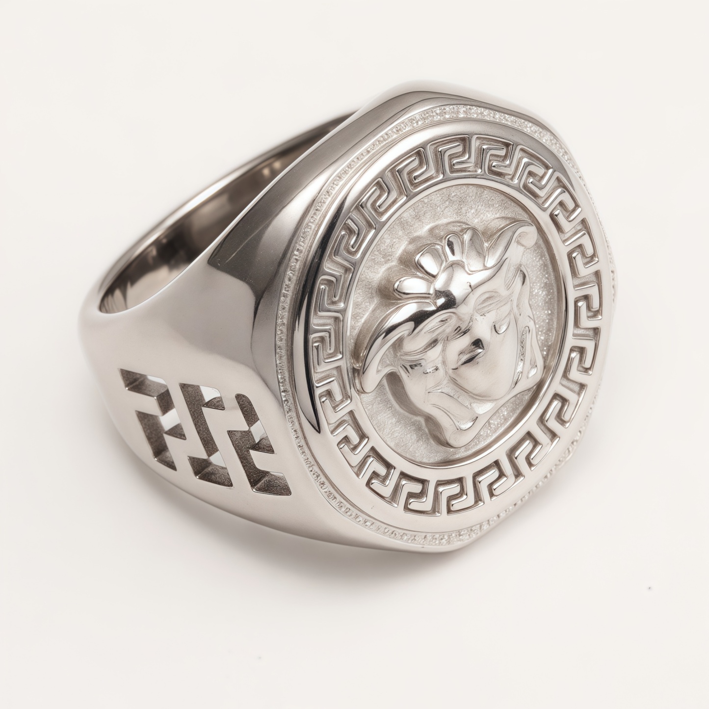 Versace - style Medusa Silver Ring, Classic Greek Key Relief Band | DZ249-JinBaoJewerly