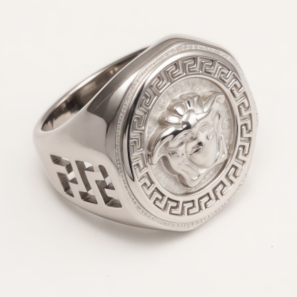 Versace - style Medusa Silver Ring, Classic Greek Key Relief Band | DZ249-JinBaoJewerly