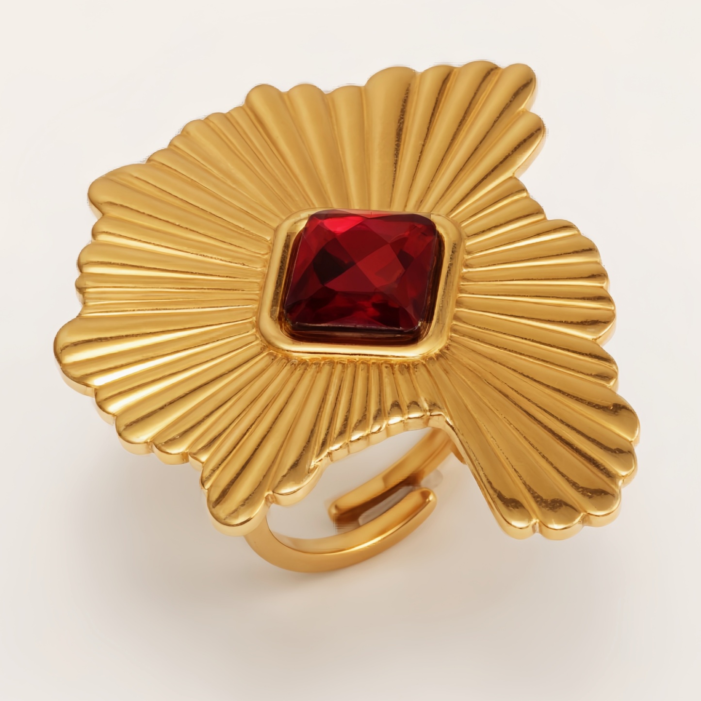 Gold Fan - shaped Ruby - inlaid Open Ring, Stylish and Luxurious Trendy Band | G006426-JinBaoJewerly