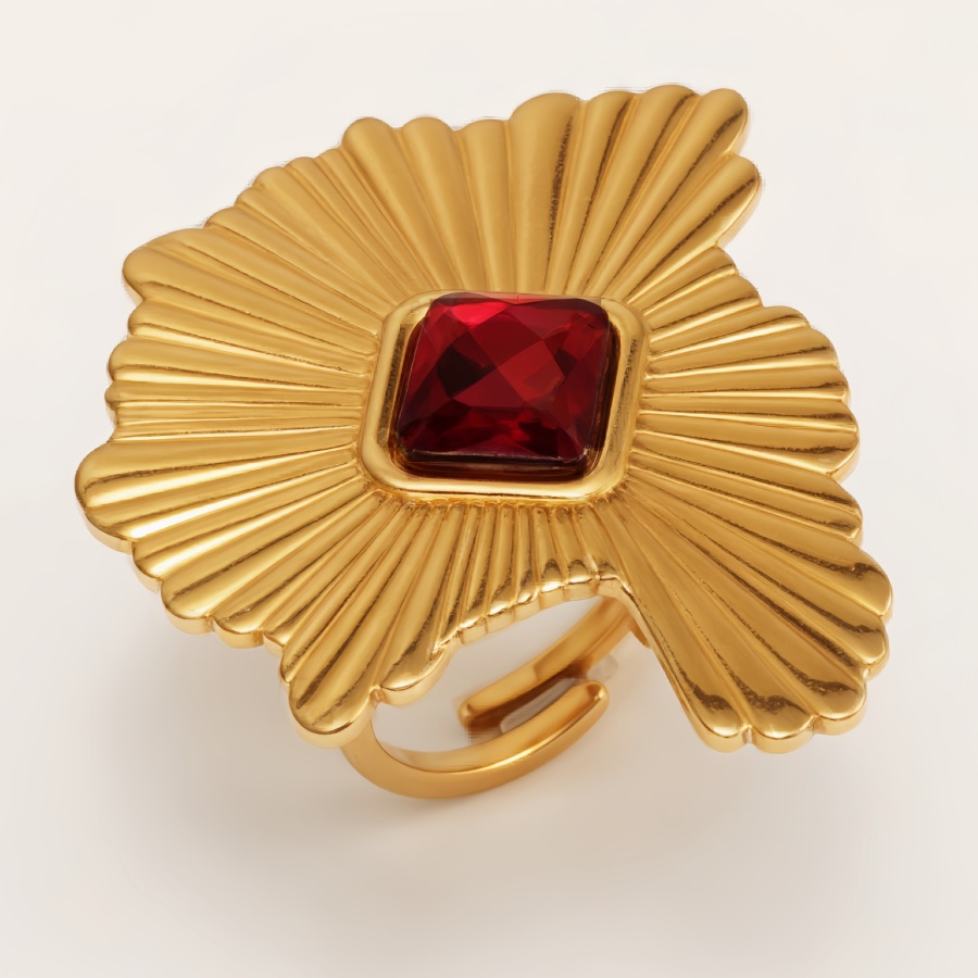 Gold-tone fan-shaped ruby ​​open stainless steel women's ring | G006426