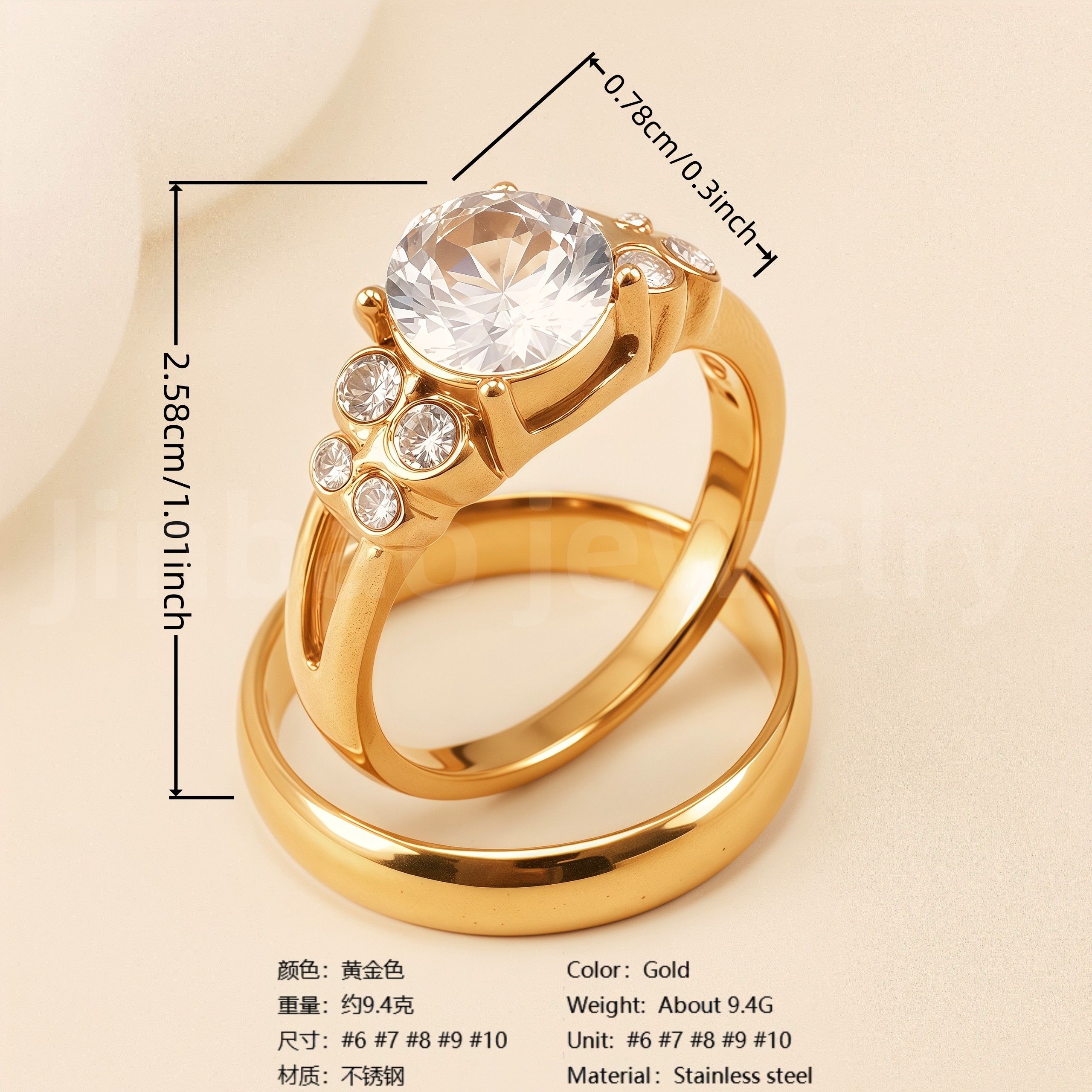 24K Gold PVD Stainless Steel Titanium Fashionable Multi-Color Gem Women's Ring-JinBaoJewerly