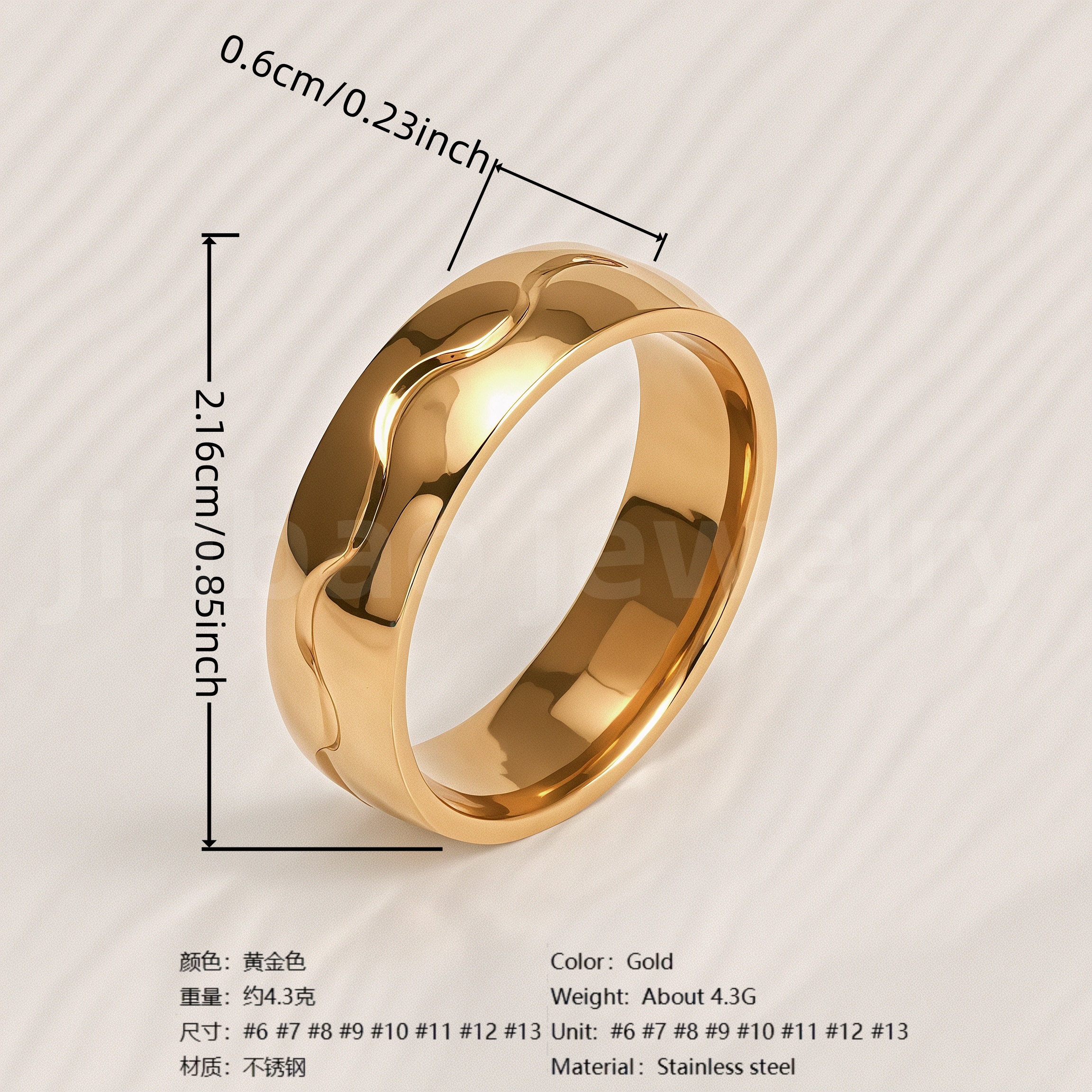 Stylish 24K Gold-Plating Stainless Steel Unisex 6MM Band-JinBaoJewerly