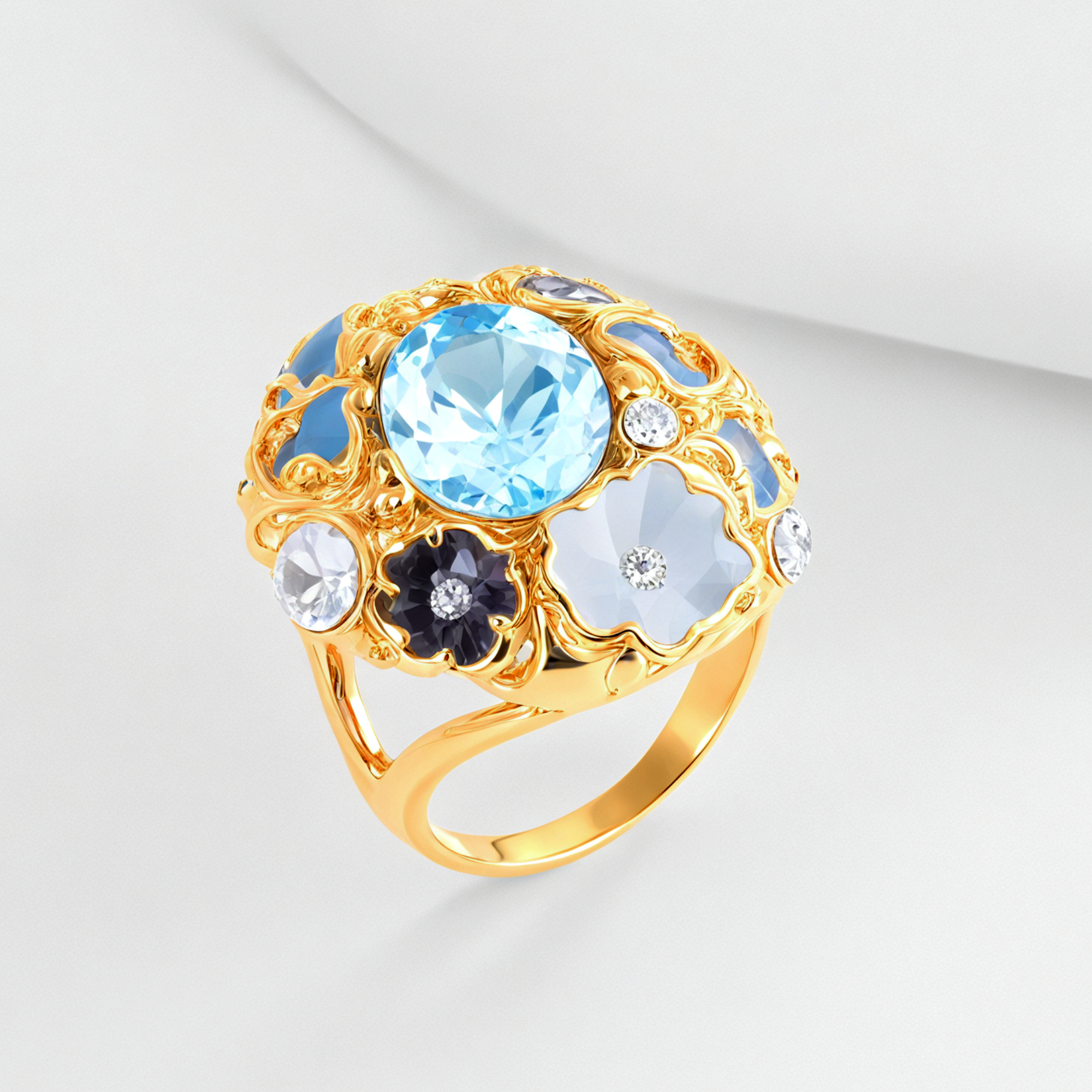 Colorful Gemstone Stainless Steel Ring with Floral Design Classic Fashion for Women | G004476-JinBaoJewerly