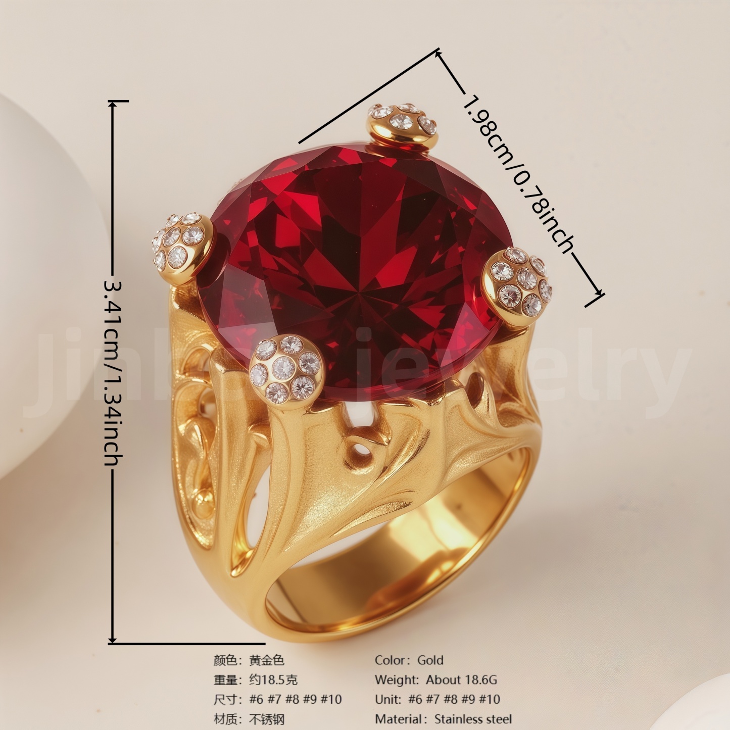 24K Gold-Plating Stainless Steel Luxury Red & Black Crystal Statement Women's Waterproof Ring丨K003078-JinBaoJewerly