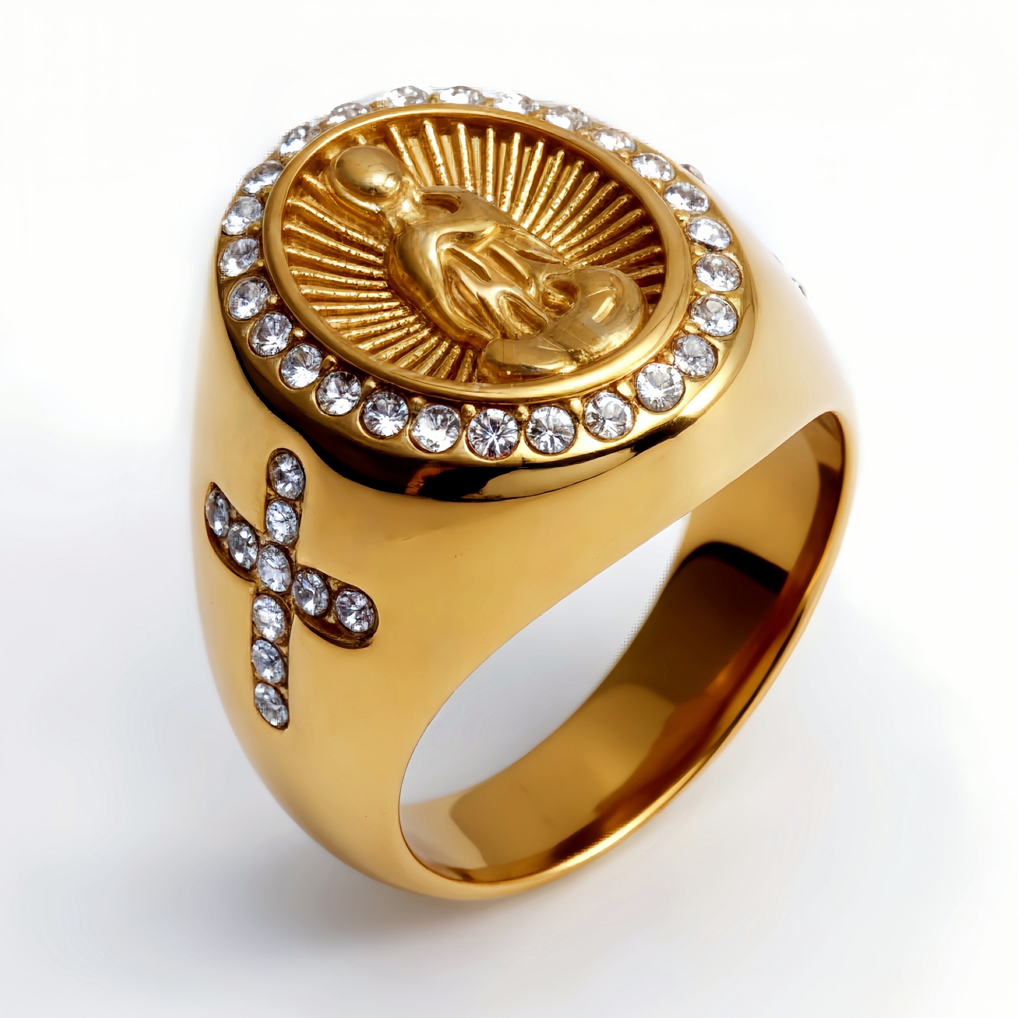 Stylish Men's Gold - and - Silver Stainless Steel Ring with Diamond - set Virgin Mary Image | G00613-JinBaoJewerly