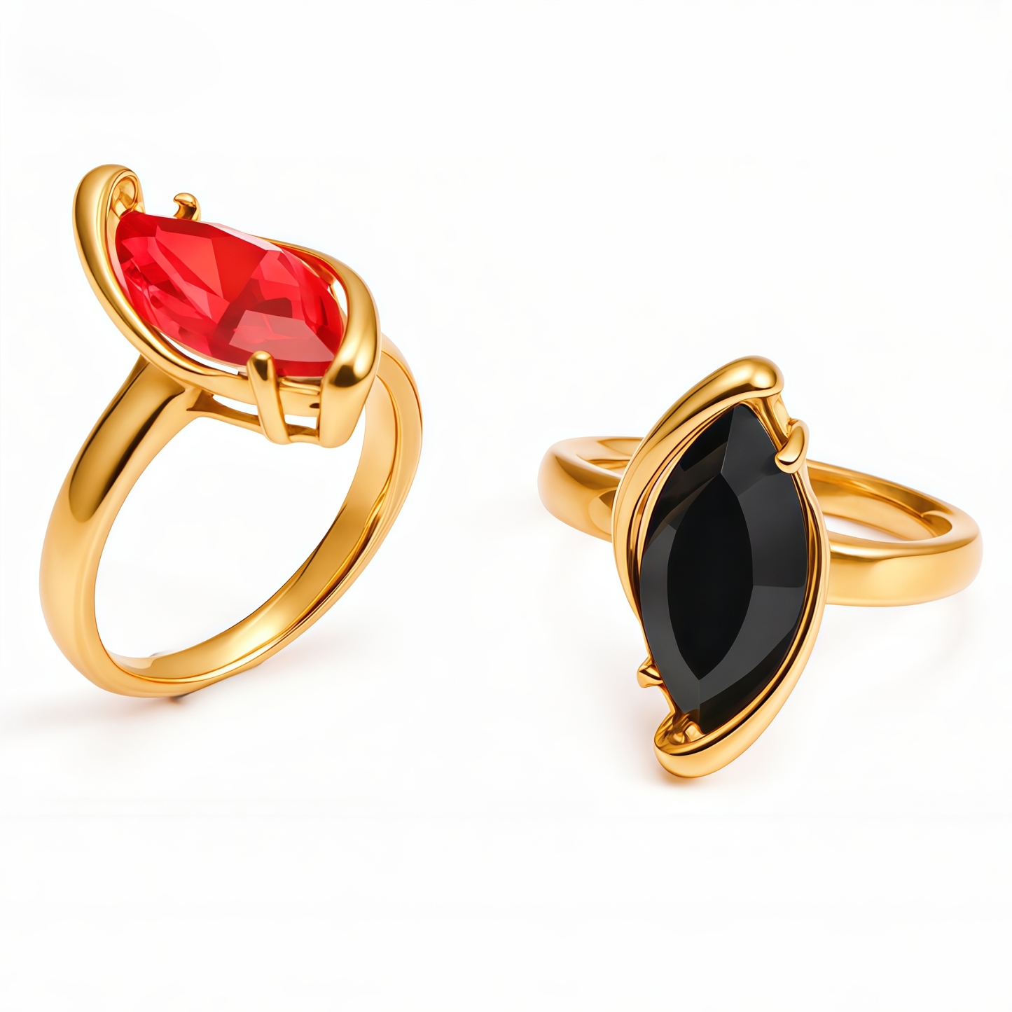 Stainless Steel Gold-Plated Fashion Ring Set for Women - Red & Black Marquise Cut Stones