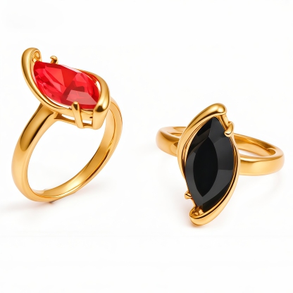 Stainless Steel Gold-Plated Fashion Ring Set for Women - Red & Black Marquise Cut Stones