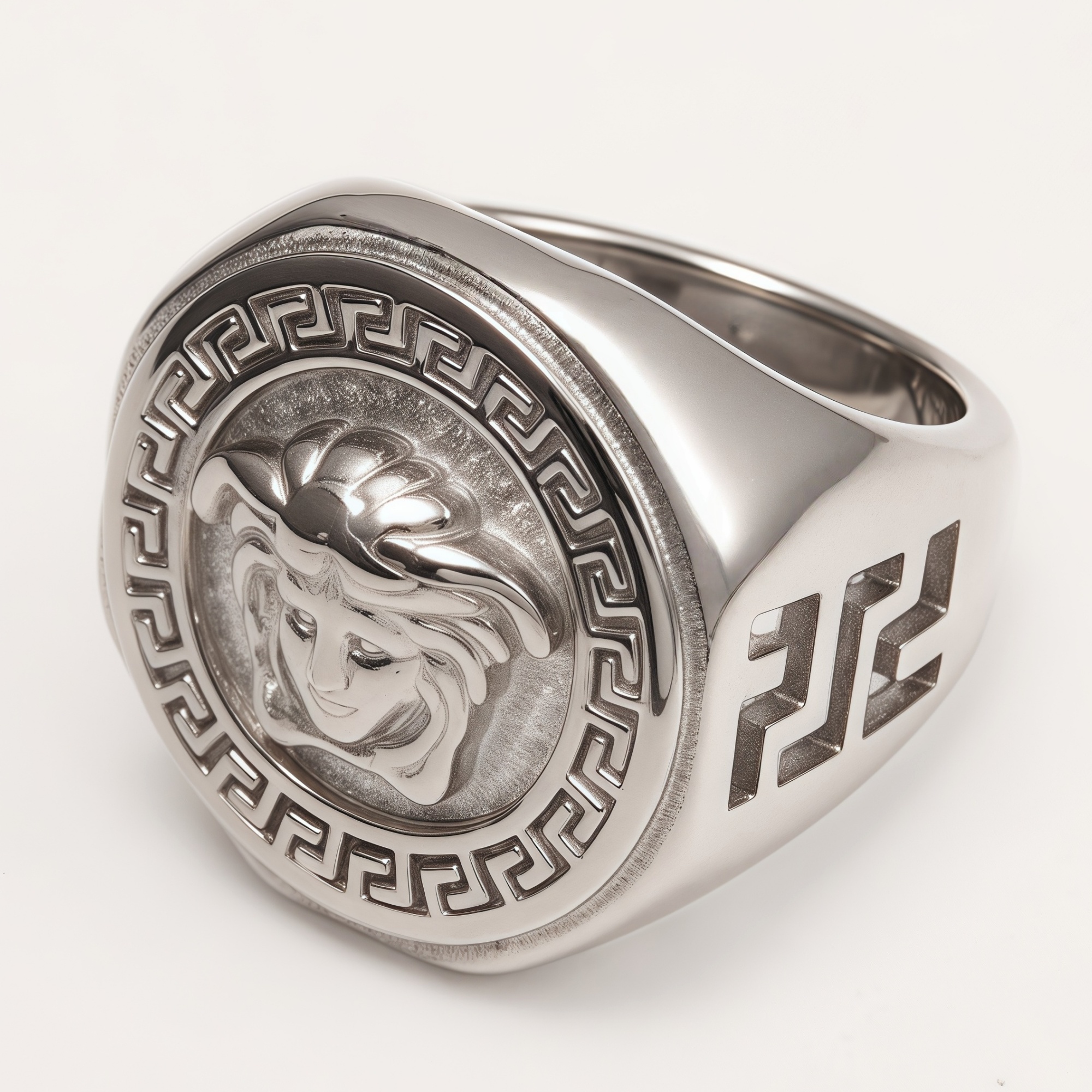 Versace - style Medusa Silver Ring, Classic Greek Key Relief Band | DZ249-JinBaoJewerly