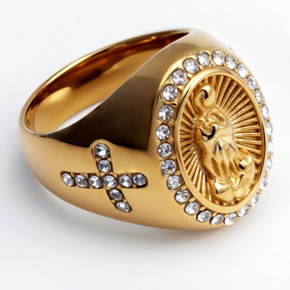 Stylish Men's Gold - and - Silver Stainless Steel Ring with Diamond - set Virgin Mary Image | G00613-JinBaoJewerly