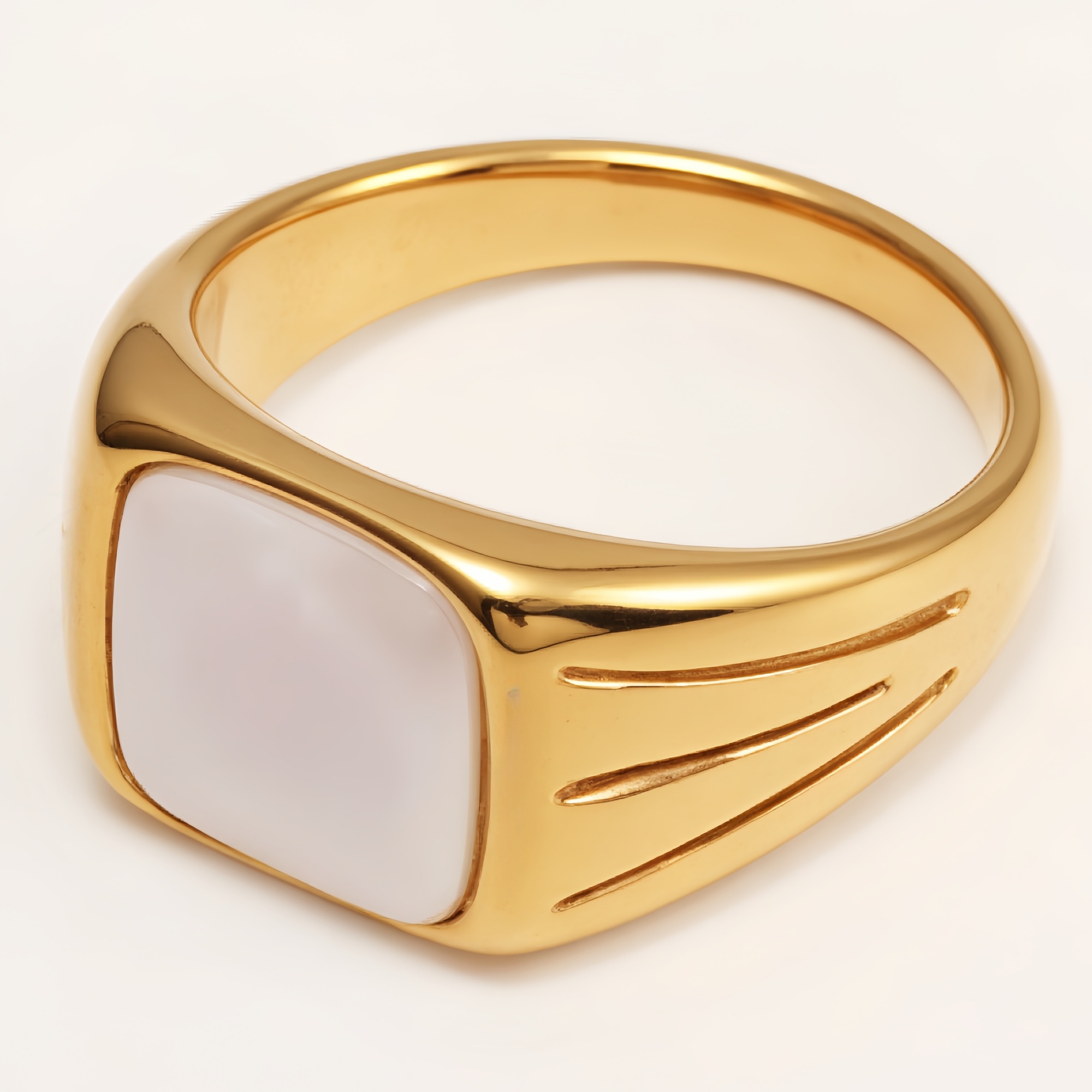 Gold Stainless Steel Unisex Square White Shell Grooved Signet Ring | G00360-JinBaoJewerly