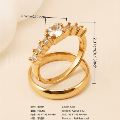 24K Gold-Plating Stainless Steel Luxury Crystal Wedding Waterproof Ring-JinBaoJewerly