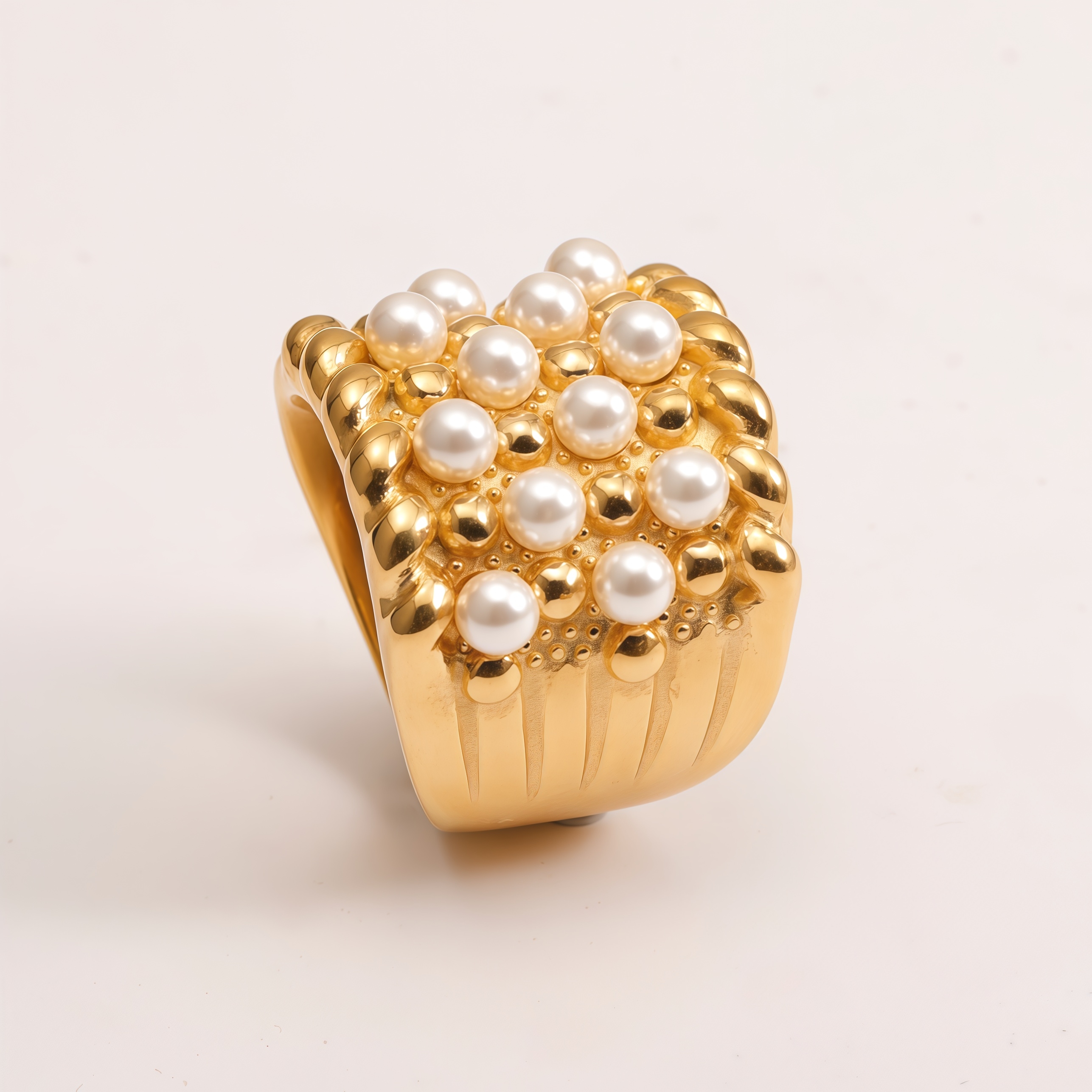 Gold Plated Stainless Steel Pearl Ring for Women, Vintage Inspired Wide Band Ring