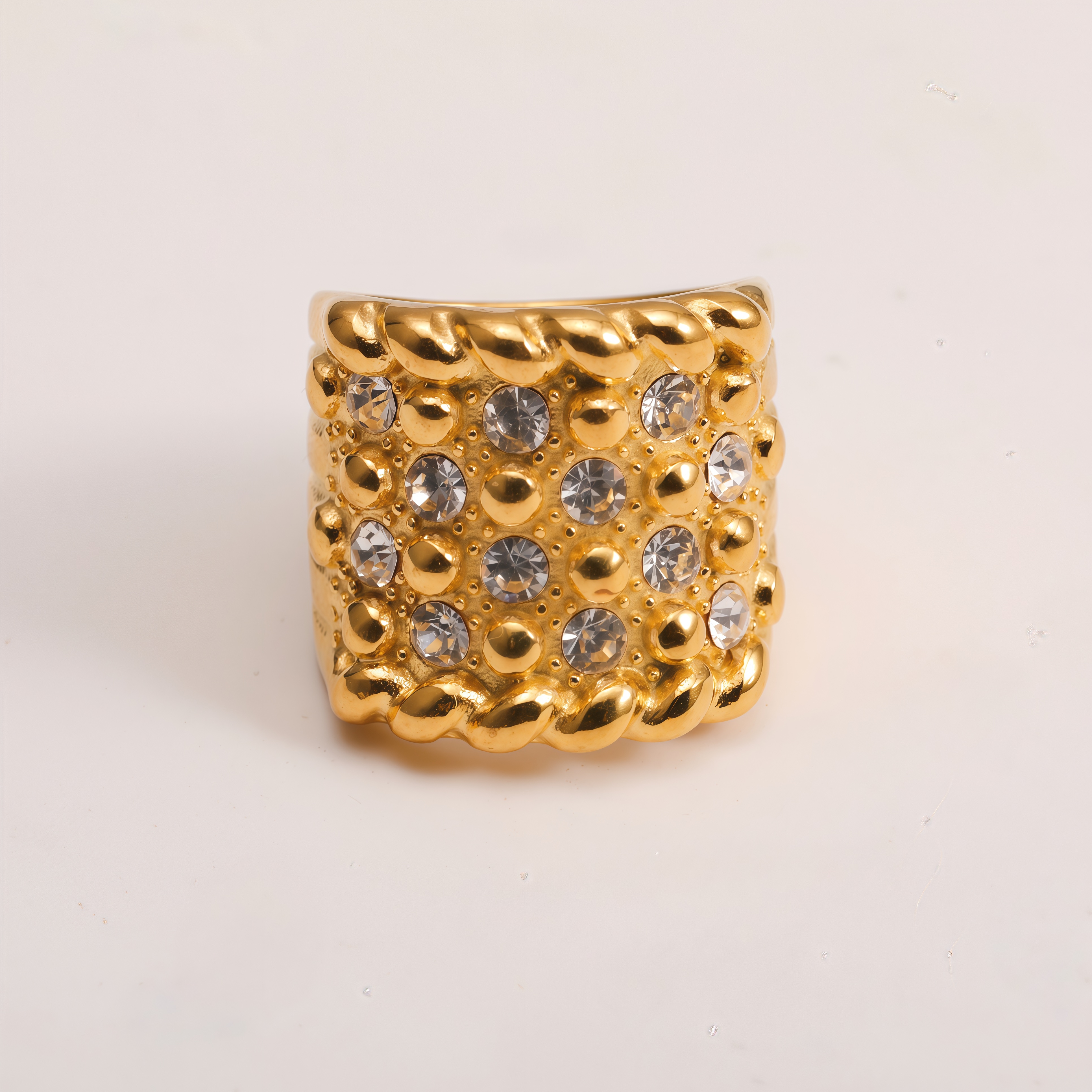 Gold Plated Crystal Studded Chunky Stainless Steel Ring, Retro Punk Statement Ring for Women