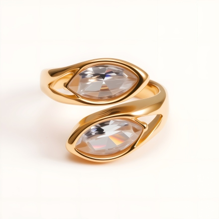 Minimalist Double Teardrop Crystal Open Stainless Steel Ring for Women | N001599