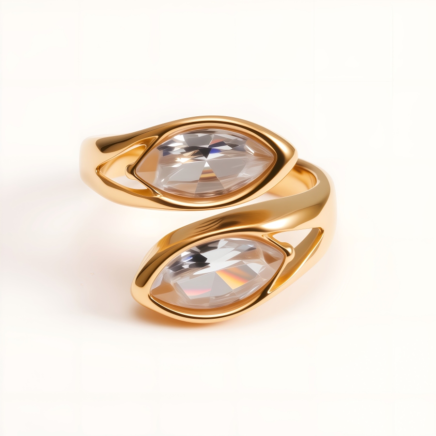 Minimalist Double Teardrop Crystal Open Stainless Steel Ring for Women | N001599