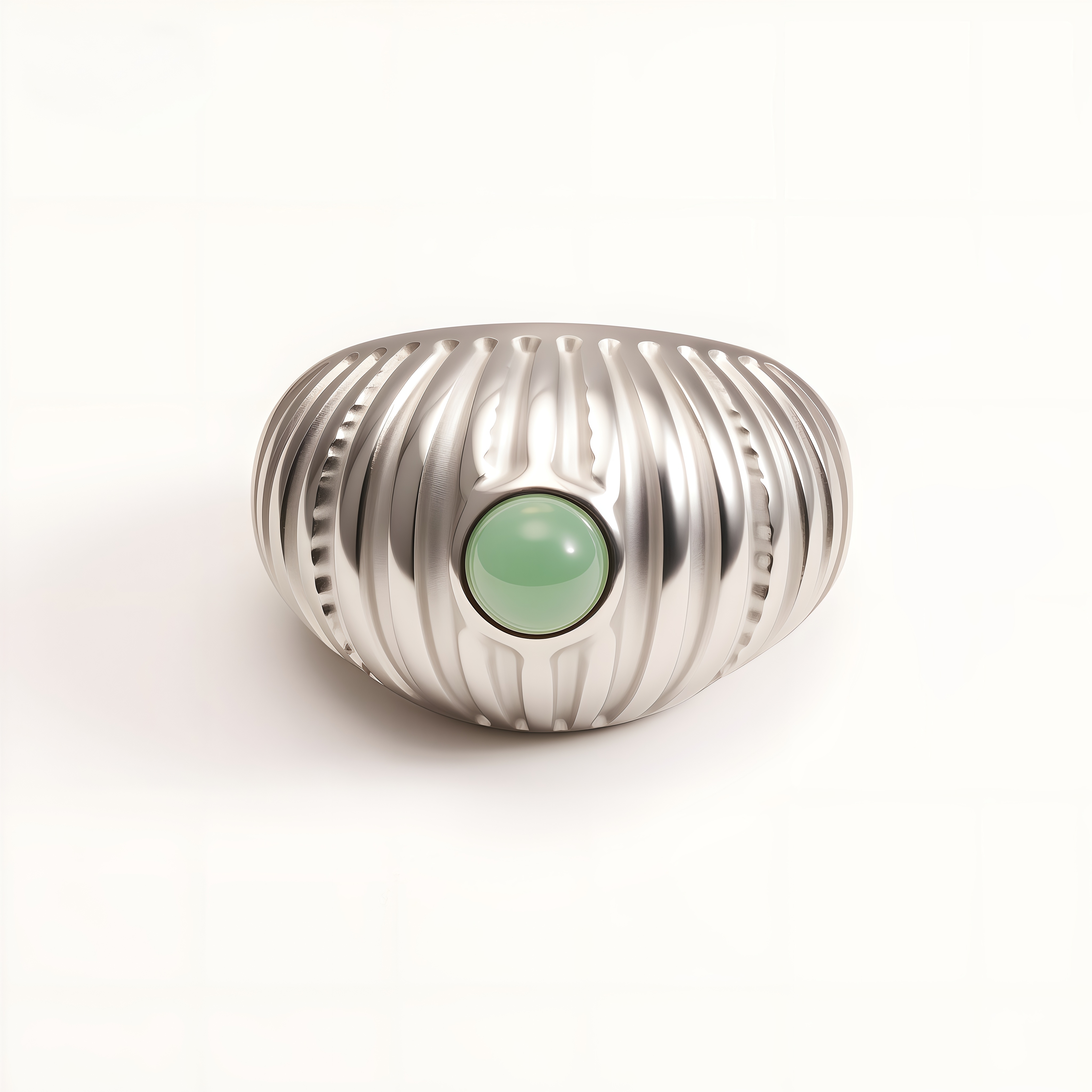 Women's Silver Stainless Steel Ring with Green Gemstone - Textured Adjustable Open Ring