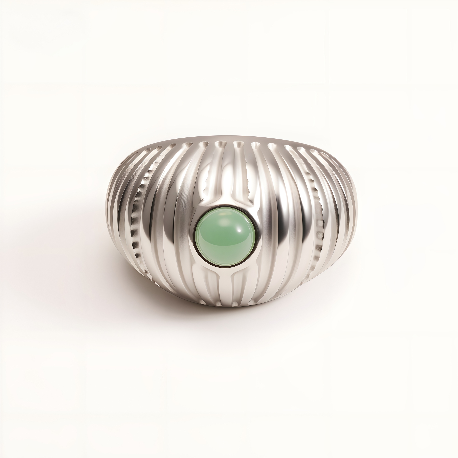 Women's Silver Stainless Steel Ring with Green Gemstone - Textured Adjustable Open Ring