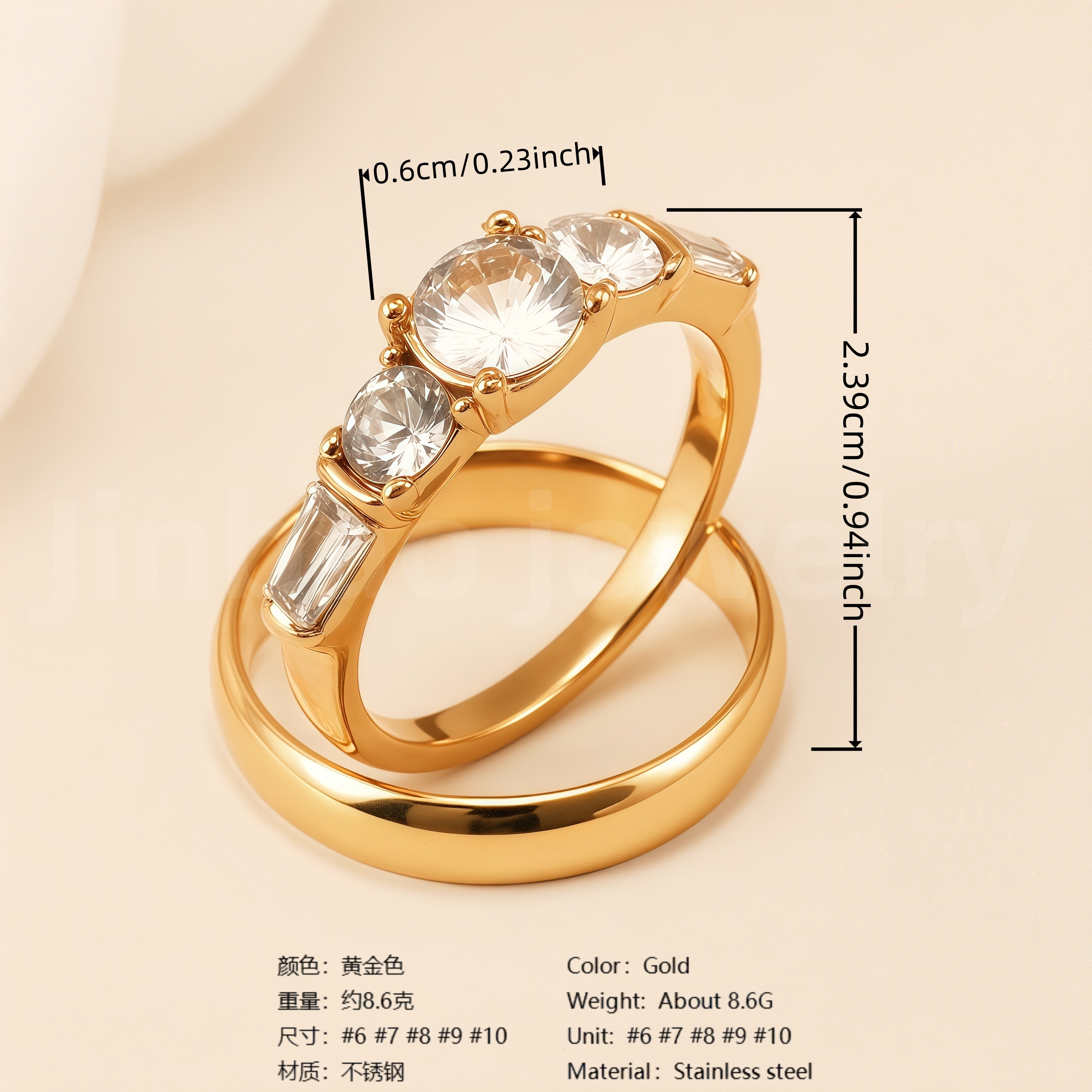 24K Gold PVD Stainless Steel Titanium Fashionable Multi-Color Gem Women's Ring-JinBaoJewerly