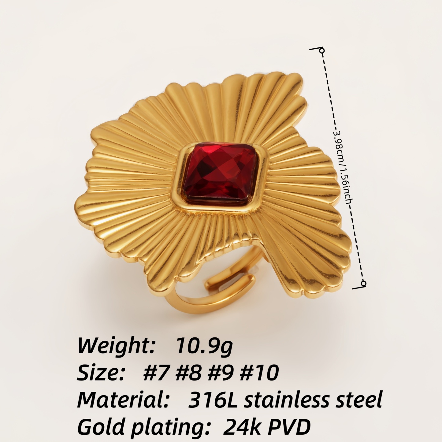 Gold Fan - shaped Ruby - inlaid Open Ring, Stylish and Luxurious Trendy Band | G006426-JinBaoJewerly