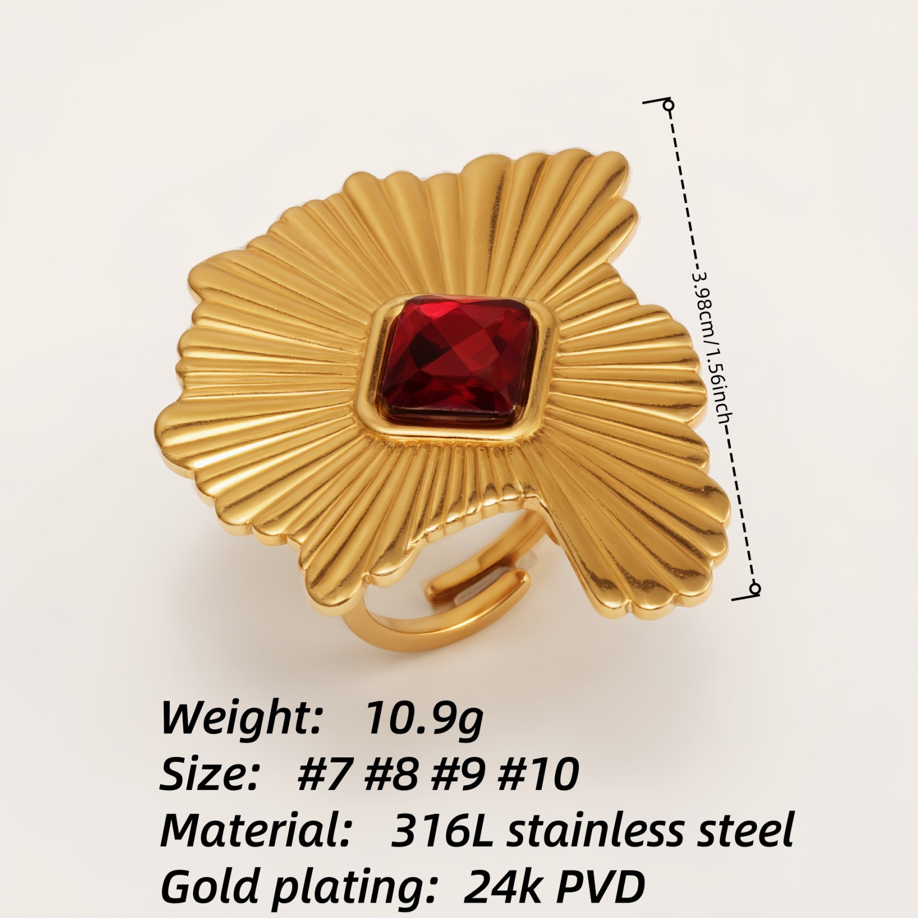 Gold Fan - shaped Ruby - inlaid Open Ring, Stylish and Luxurious Trendy Band | G006426-JinBaoJewerly