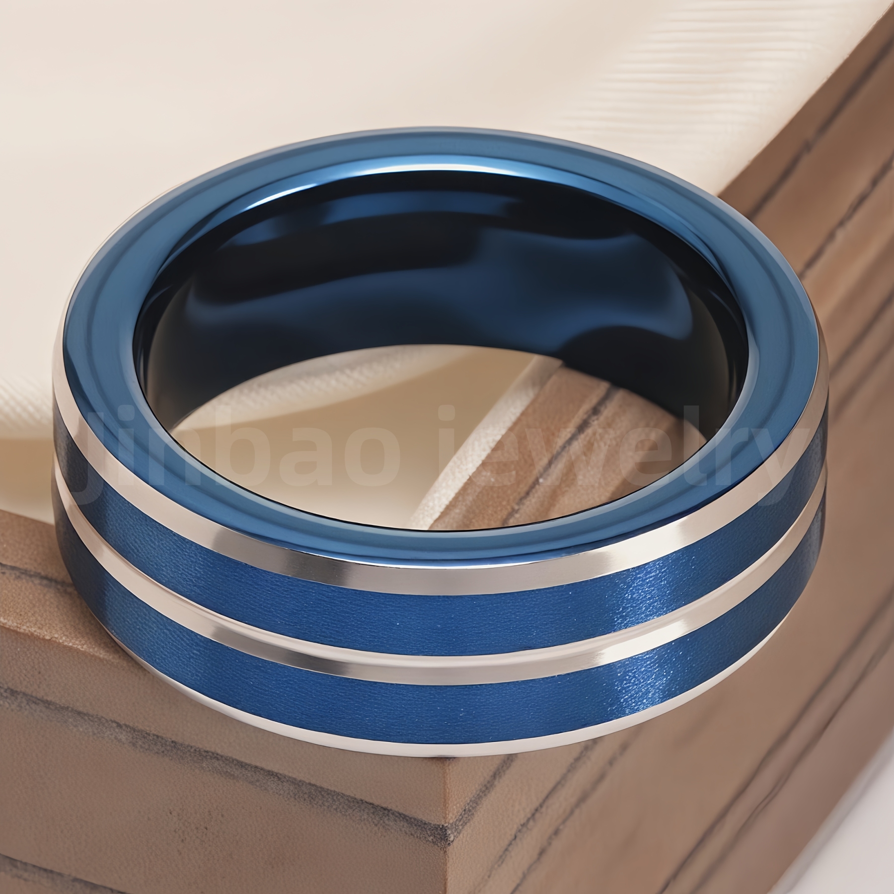 Stainless Steel Stylish Dual-tone Design Fashion Blue Men's Waterproof Ring-JinBaoJewerly