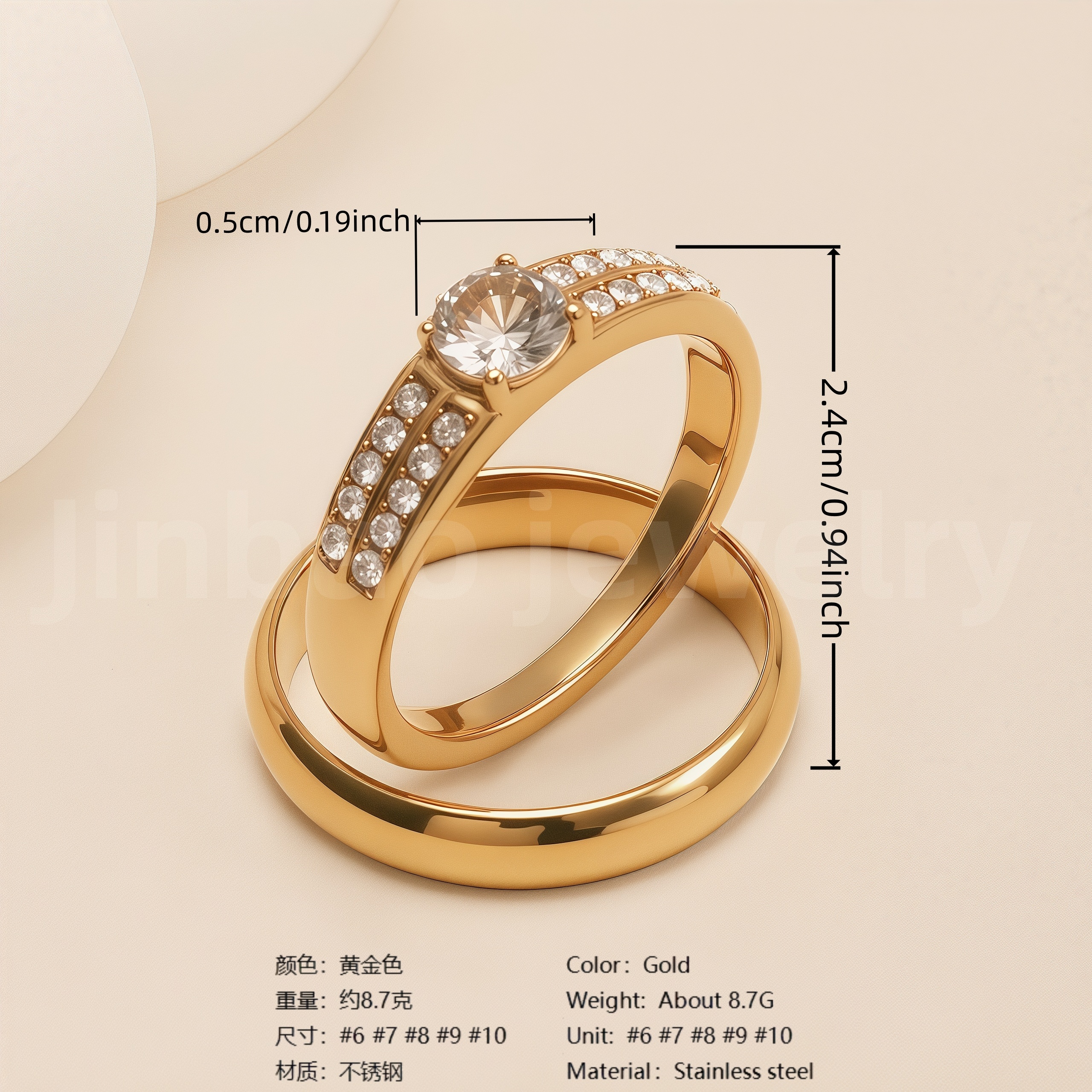 24K Gold PVD Stainless Steel Titanium Fashionable Multi-Color Gem Women's Ring-JinBaoJewerly