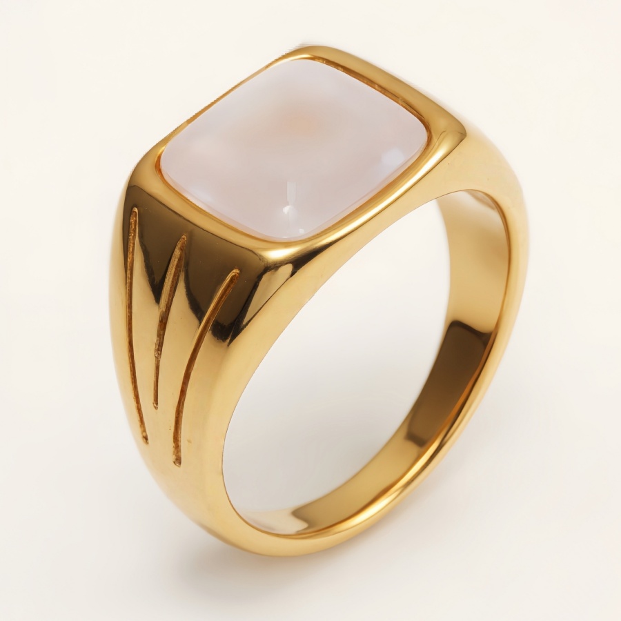 Gold Stainless Steel Unisex Square White Shell Grooved Signet Ring | G00360