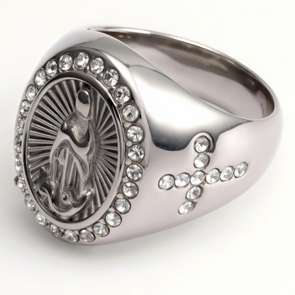 Stylish Men's Gold - and - Silver Stainless Steel Ring with Diamond - set Virgin Mary Image | G00613-JinBaoJewerly
