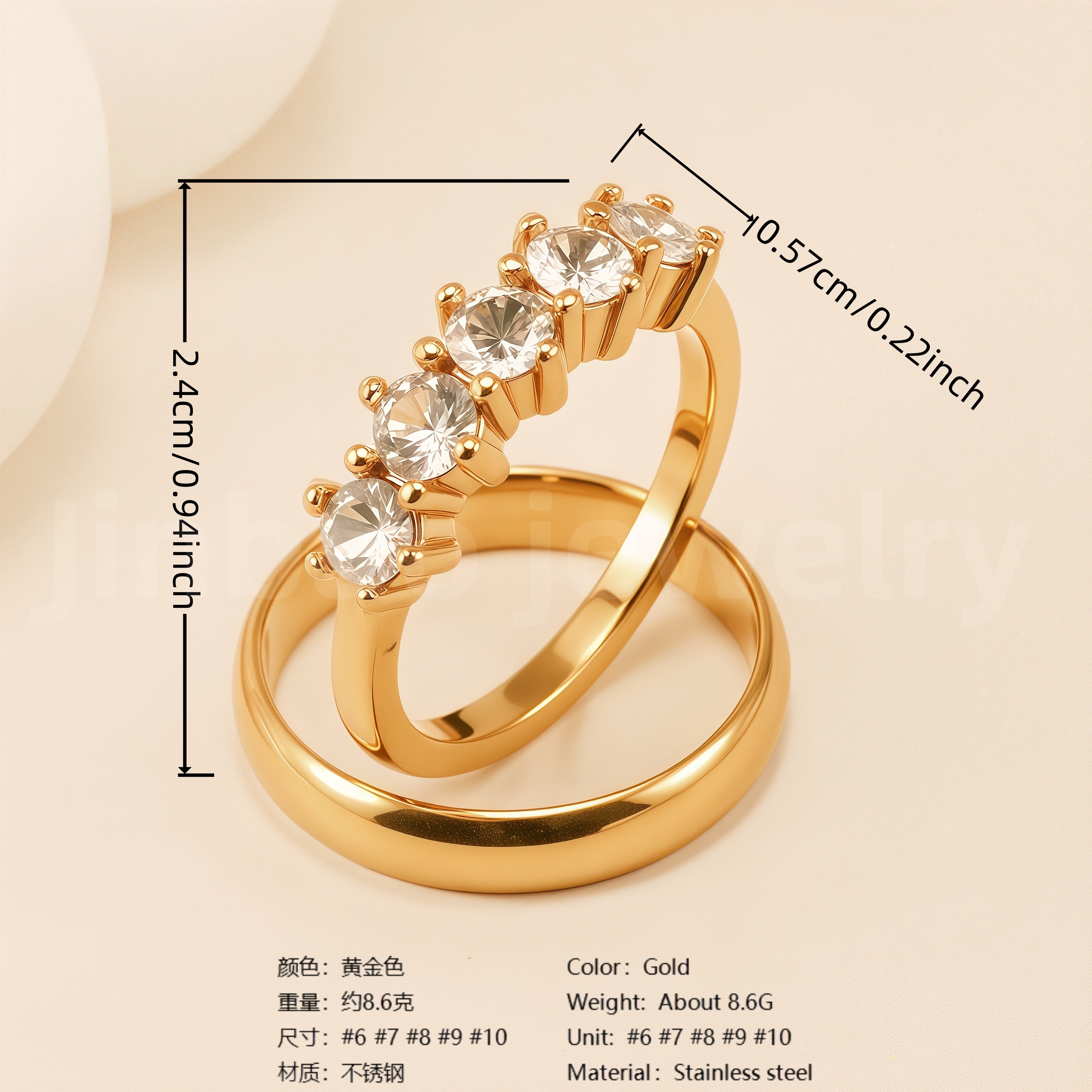 24K Gold PVD Stainless Steel Titanium Fashionable Multi-Color Gem Women's Ring-JinBaoJewerly