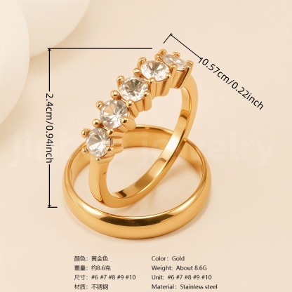 24K Gold-Plating Stainless Steel Luxury Crystal Wedding Waterproof Ring-JinBaoJewerly