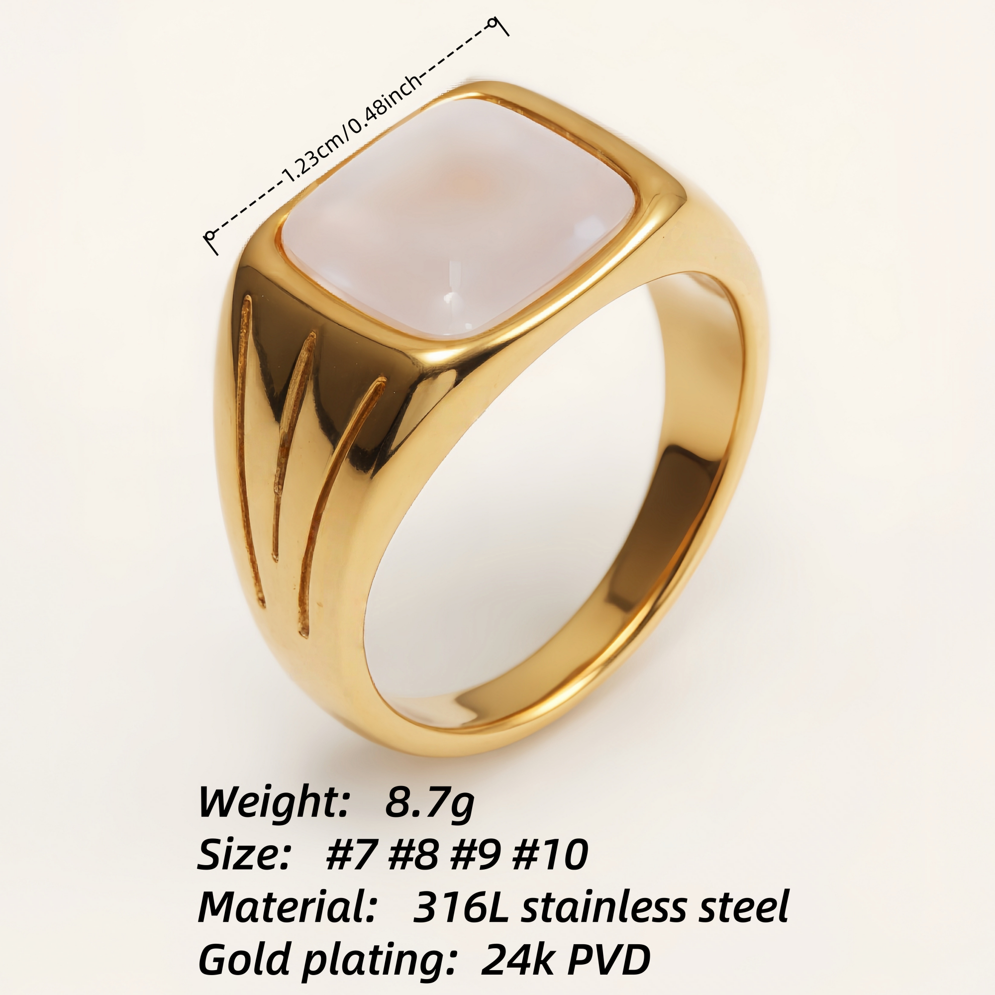 Gold Stainless Steel Unisex Square White Shell Grooved Signet Ring | G00360-JinBaoJewerly