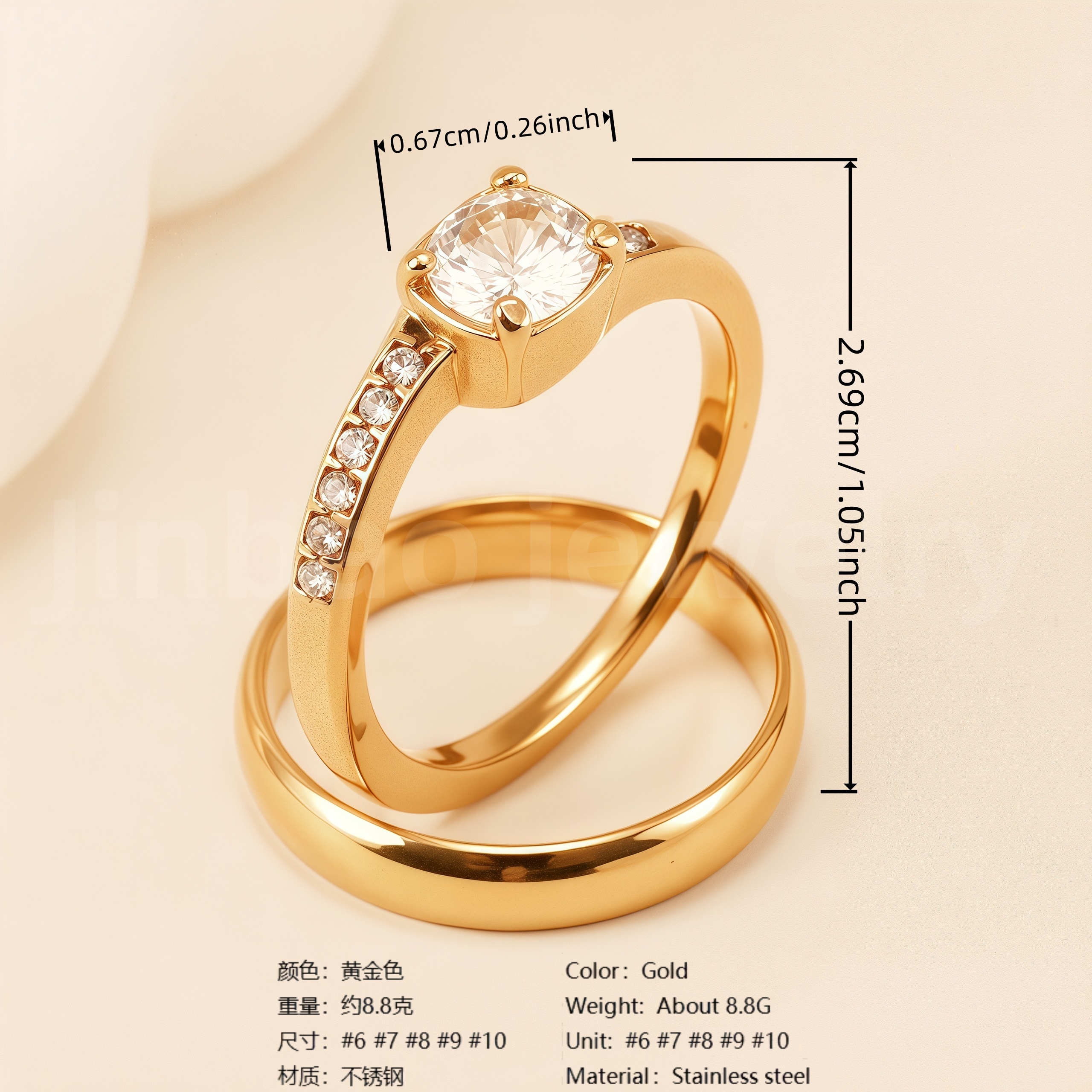 24K Gold-Plating Stainless Steel Luxury Crystal Wedding Waterproof Ring-JinBaoJewerly