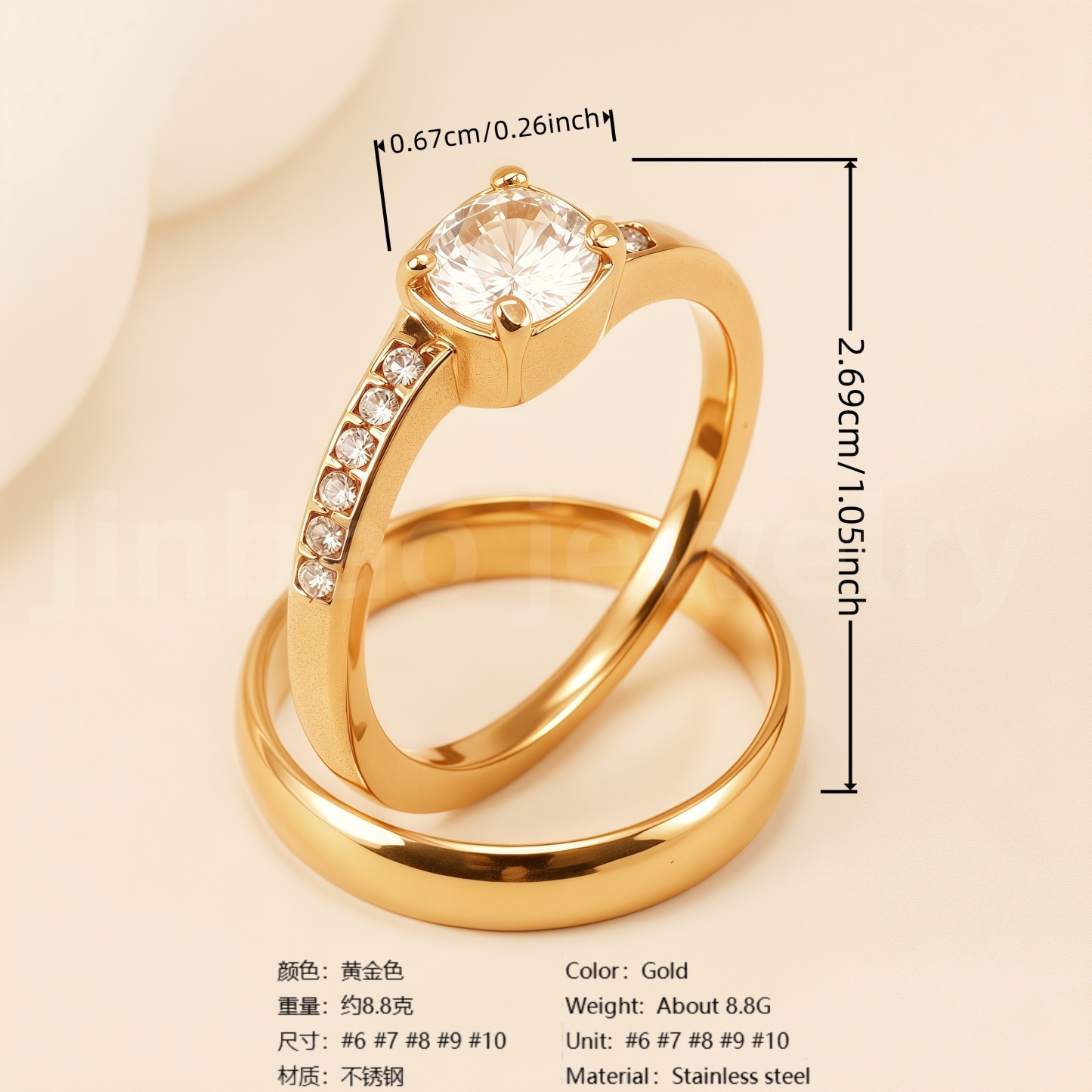 24K Gold-Plating Stainless Steel Luxury Crystal Wedding Waterproof Ring-JinBaoJewerly